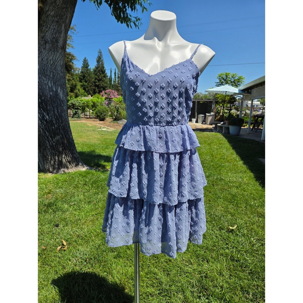 Altar'd State Dusty Blue Clip Dot Tiered Mini Dress‎ Womens Medium Ruffle V-Neck